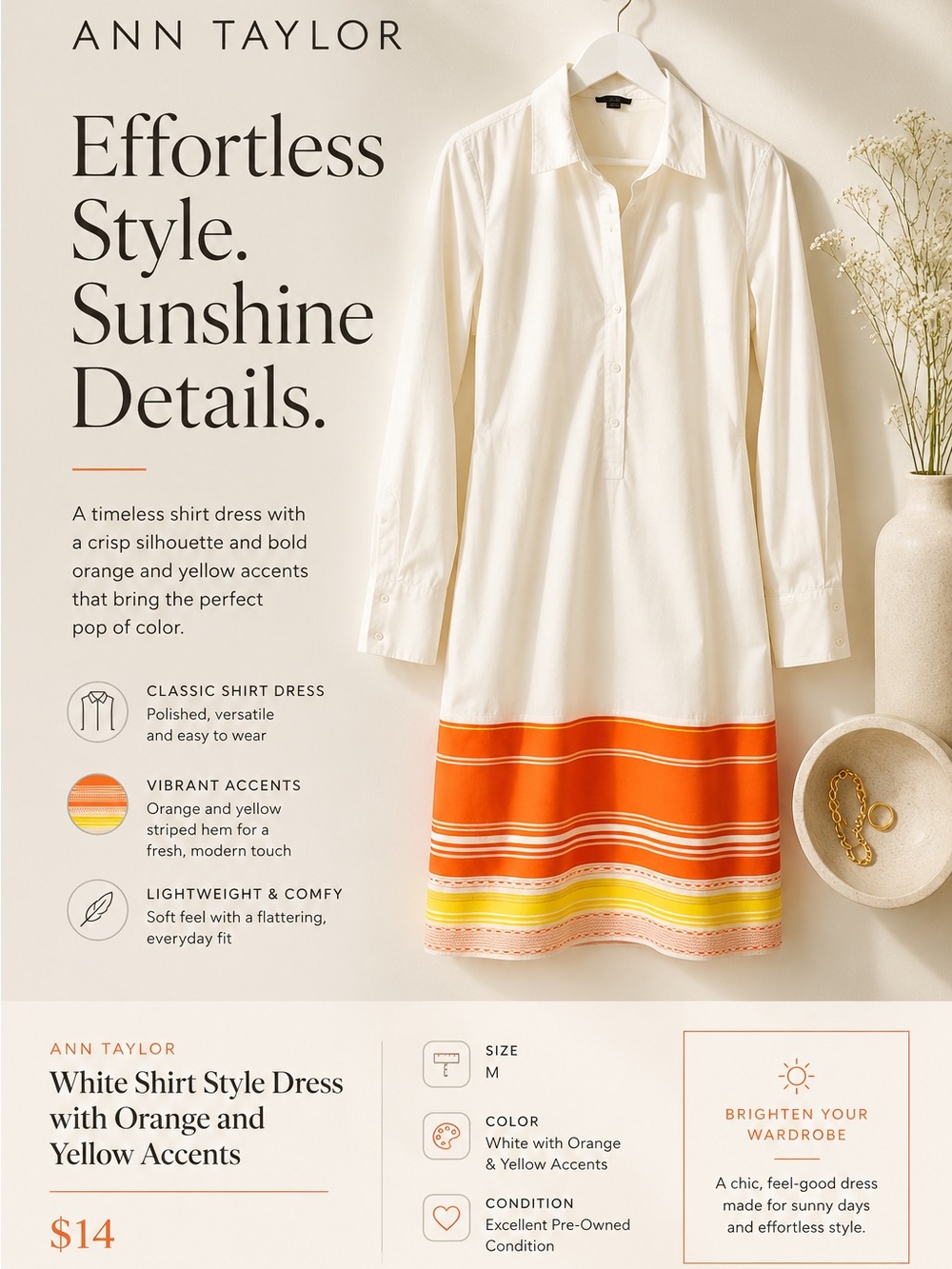 Ann Taylor White Shirt style Dress with Orange and Yellow Accents